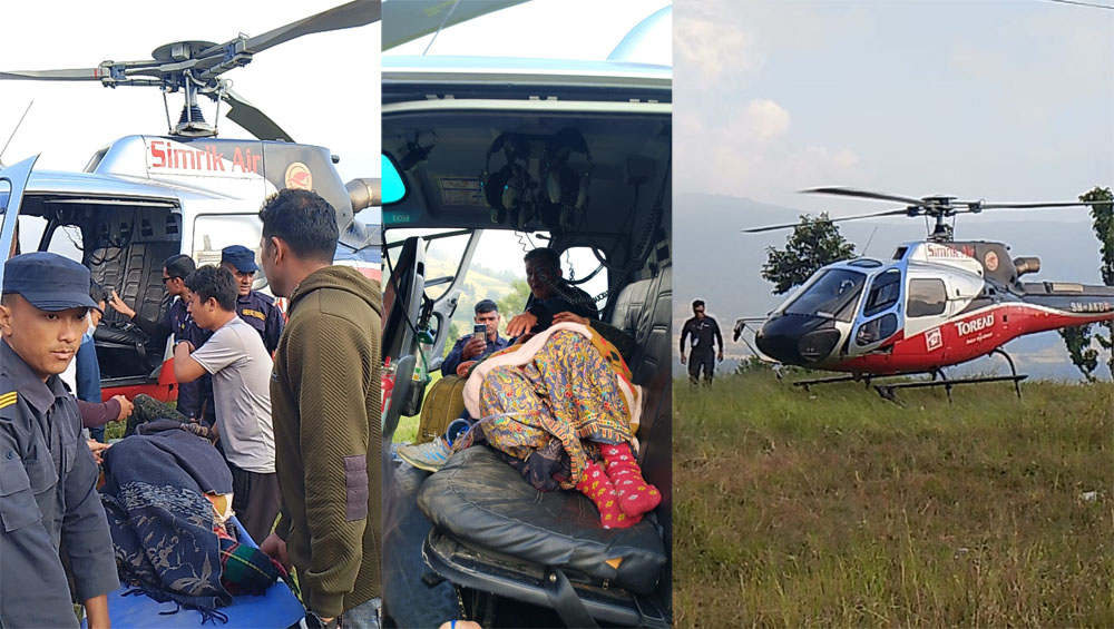 दूधपोखरीमा सुत्केरी व्यथा लागेको २० घण्टापछि हेलिकप्टरमार्फत महिलाको उद्दार